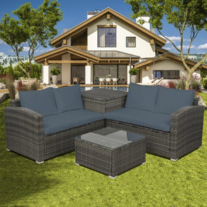 Rattan Wicker Sectional Sofa Set, UHOMEPRO Outdoor Patio Furniture Sets, Loveseat Sofa w/Coffee Table&Storage Ottoman, Patio Conversation Sets for Backyard Lawn Poolside Garden, Gray Cushion, W9918