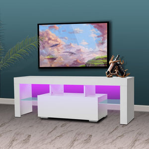 White TV Stand with LED Lights, Corner TV Stand with Storage Drawers and Shelves, Media Storage Console Table TV Cabinet, Entertainment Center for Living Room Bedroom, 51.2"Lx13.8"Wx17.7"H, W14578