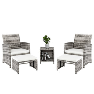 5-Piece Outdoor Patio Bistro Furniture Set, Wicker Patio Furniture Conversation Set with Two Ottomans, Soft Cushions, Coffee Side Table, Lawn Pool Balcony Patio Rattan Sofa Chat Set, Gray