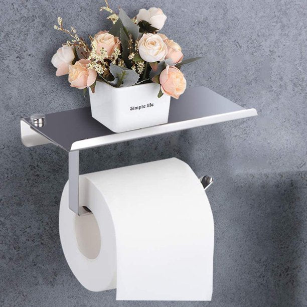 Toilet Paper Holder with Phone Shelf, UHOMEPRO Space Aluminum Tissue Holder - Wall Mount Tissue Roll Hanger for Bathroom Washroom, Space Aluminum, I1033