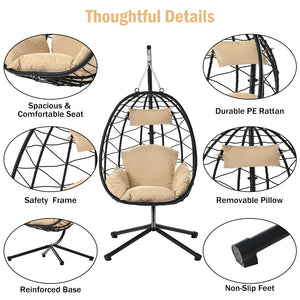 uhomepro Outdoor Hanging Egg Swing Chair with Cushion and Stand, Backyard Patio Indoor Hanging Egg Chair with Steel Frame, Headrest Pillow