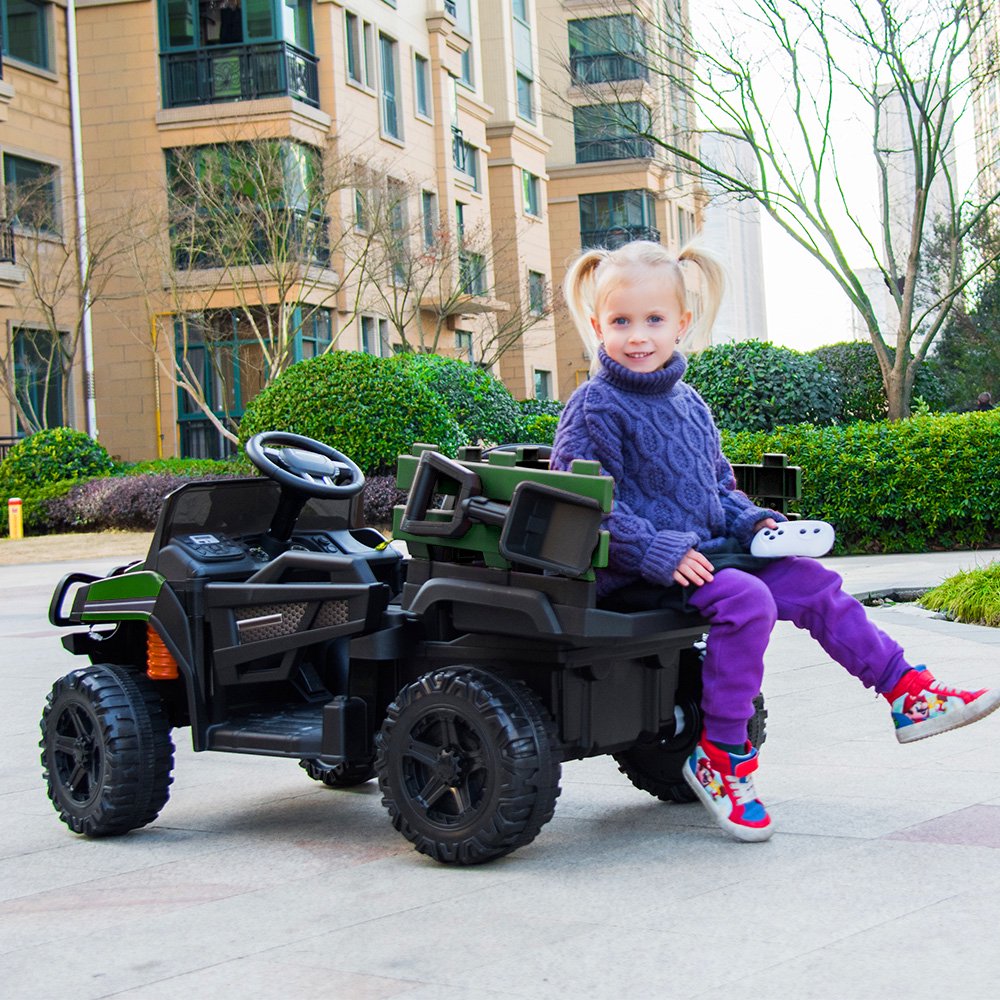 12 Volt Ride on Cars with Trailer, Powered Ride on Toys with Remote Control, Green Ride on Tractor for Boys Girls, 3 Speeds Electric Vehicles for Kids, Safety Belt, Music, LED Lights, CL44