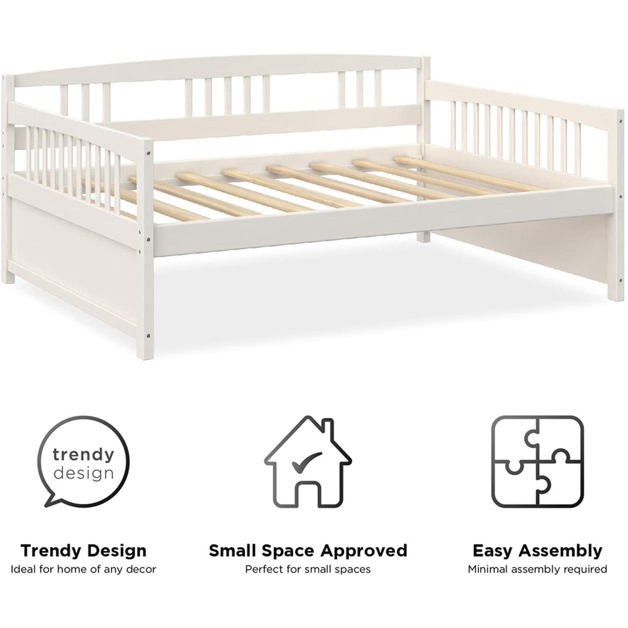 Twin Size Daybed, Solid Pine Wood Bed Frame with Pull Out Trundle for Kids Teens Adults, No Box Spring Needed - White