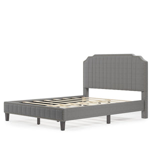 Clearance! Full Platform Bed Frame, UHOMEPRO Modern Upholstered Platform Bed with Headboard, Grey Heavy Duty Bed Frame with Wood Slat Support for Adults Teens Children, No Box Spring Required,I7710