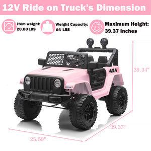 uhomepro Battery Powered Ride On Car for Kids, 12 Volt Ride on Toys with Remote Control, LED Lights, Electric Vehicles Toys for 3+Years Old Boys Girls, Pink