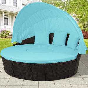 Outdoor Conversation Sets, Round Patio Daybed Sunbed with Retractable Canopy and Blue Cushion, Rattan Wicker Patio Furniture Daybed Sets, Outdoor Sectional Sofa Set for Garden backyard Pool, W7880