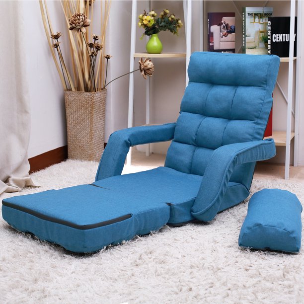 Adjustable 5-Position Floor Chair, Folding Lazy Sofa Floor Chair, Lounger Bed Floor Chair Sofa with Armrests and Pillow, Sofa Bed for Small Space, Floor Chair for Living room, Bedroom, Blue, W7092