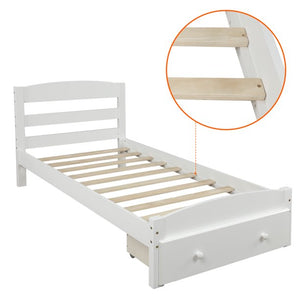 Twin Platform Bed Frame with Storage Drawer, UHOMEPRO Solid Wood Twin Bed Frames with Headboard, Bed Frame No Box Spring Needed, Great for Kids, Adults, Modern Bedroom Furniture, White, W14166