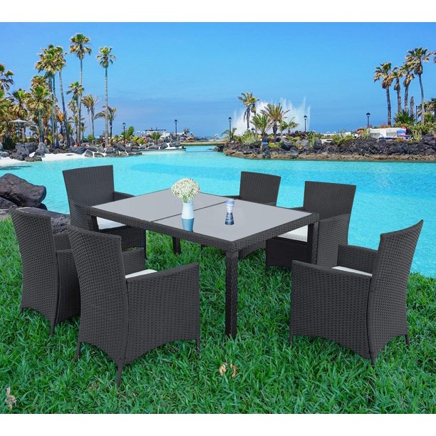 UHOMEPRO Outdoor Dining Table and Chairs Set, 7 PCS Heavy Duty Wicker Patio Dining Set, Patio Furniture, Conversation Set for Garden, Balcony, Poolside, Backyard, Black Wicker+Beige Cushion, W9399