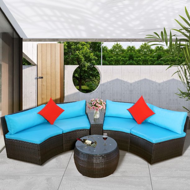 Outdoor Conversation Set, 4 Piece Brown Wicker Patio Furniture Set, Half-Moon Sectional Sofa with Pillow & Coffee Table, Outdoor Chairs Sets for Garden Pool Backyard, Blue Cushions, W7904