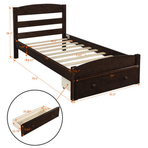 Platform Bed, Twin Bed Frame with Headboard and Storage Drawer, Heavy Duty Espresso Bed Frame/Mattress Foundation with Wood Slat Support for Adults Teens Children, No Box Spring Required, L4754