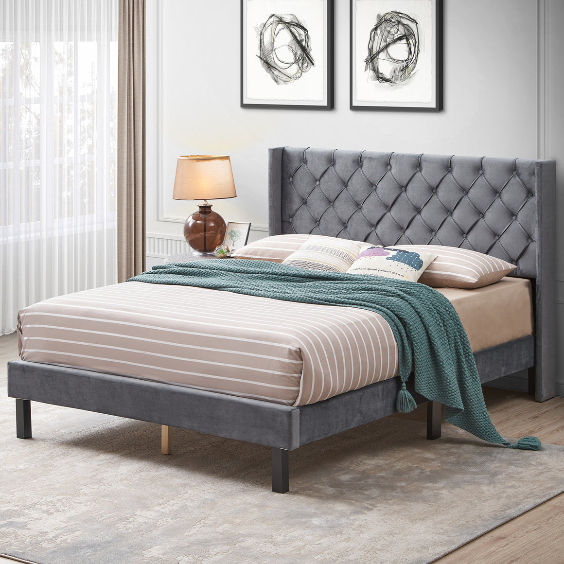 Grey Queen Bed Frame, Modern Velvet Upholstered Platform Bed Frame with Headboard, Heavy Duty Button Tufted Bed Frame with Wood Slat Support, Easy Assembly, No Box Spring Needed