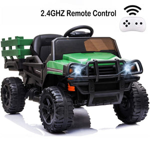 12 Volt Ride on Cars with Trailer, Powered Ride on Toys with Remote Control, Green Ride on Tractor for Boys Girls, 3 Speeds Electric Vehicles for Kids, Safety Belt, Music, LED Lights, CL44