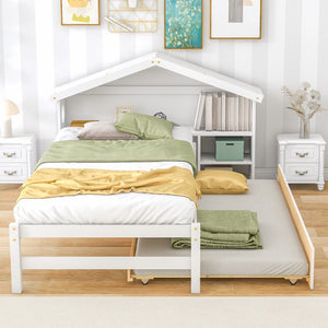 uhomepro Kids House Bed with Bookcase and Trundle, Twin Bed Frame No Box Spring Needed, White