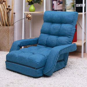 Adjustable 5-Position Floor Chair, Folding Lazy Sofa Floor Chair, Lounger Bed Floor Chair Sofa with Armrests and Pillow, Sofa Bed for Small Space, Floor Chair for Living room, Bedroom, Blue, W7092