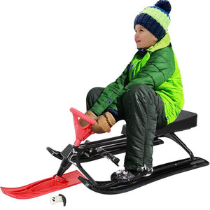 uhomepro Snow Racer Sled, Ski Sled with Steering Wheel, Twin Brakes, Durable Steel Frame, Classic Downhill Steerable Sled for Kids Toddlers, Weight Capacity of 220 LBS