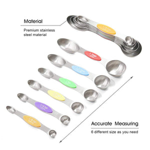 Magnetic Stainless Steel Measuring Spoons - Set of 6 Metal Measurement Spoon for Dry and Liquid Ingredients - BPA Free Teaspoon and Tablespoon for Home, Kitchen, Baking, Cooking, I2179