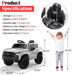 Ride on Truck with Remote Control, Chevrolet Silverado 12V Ride on Toys , Ride on Cars for Boys Girls, White Electric Cars for Kids to Ride, LED Lights, MP3 Music, Foot Pedal, CL203