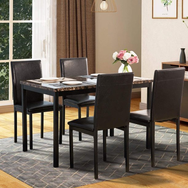 Metal Dining Table Set with Chairs, Elegant Faux Marble Top
