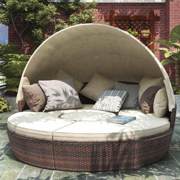 Outdoor Conversation Set, Round Patio Daybed Sunbed with Retractable Canopy and Beige Cushion, Rattan Wicker Patio Furniture Daybed Sets, Outdoor Sectional Sofa Set for Garden backyard Pool, W7879