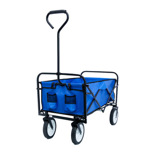 Folding Wagon, Beach Carts with Big Wheels, Heavy Duty Steel Frame Shopping Cart, 600D Oxford Cloth Collapsible Utility Wagon with 2 Mesh Cup Holders for Garden Shopping Picnic Beach, Blue