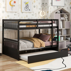 Kids Bunk Bed with Trundle, Full Over Full Bunk Beds with Ladder, Solid Wood Trundle Bed Frame with Safety Guardrails, Detachable Full Size Bunk Bed for Kids Adults, No Box Spring Needed, Espresso