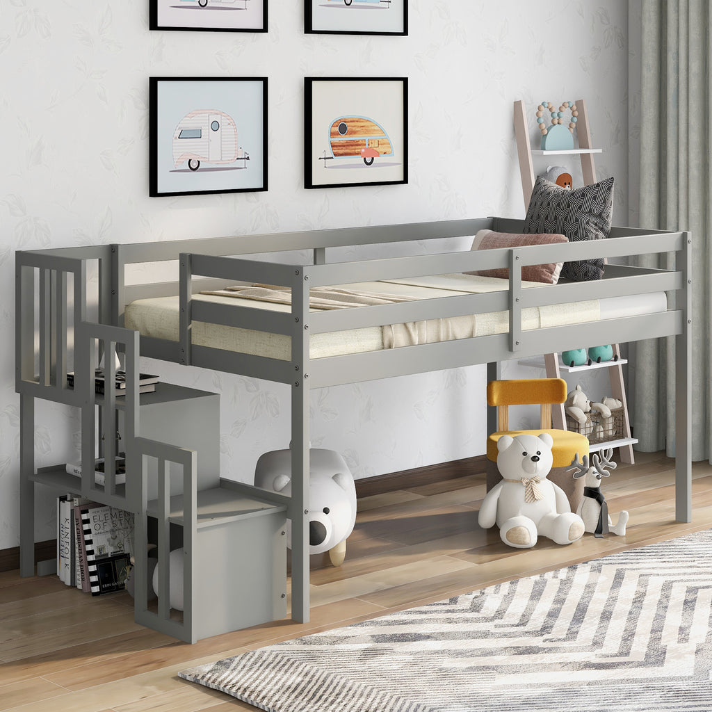 Kids Low Loft Bed with Storage, Twin Loft Bed Frame with Stairs Loft f–  uHomePro, image size:1024x1024