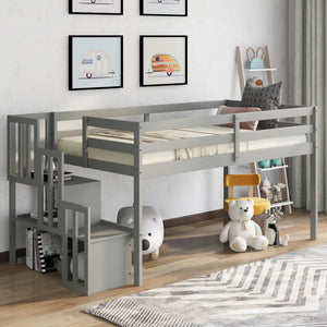 Kids Low Loft Bed with Storage, Twin Loft Bed Frame with Stairs Loft for Boys Girls, Wood Twin Size Low Profile Loft Bed Frame, Mattress Foundation Bedroom Furniture, No Box Spring Needed, Gray