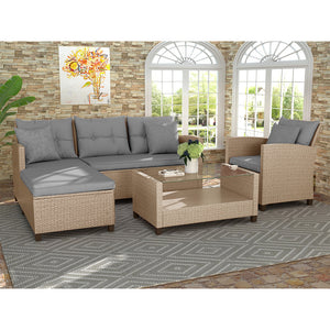 Patio Furniture Sets, 4-Piece Outdoor Sectional Sofa Set with Loveseat and Lounge Sofa, Armchair, Coffee Table, All-Weather Wicker Furniture Conversation Set for Backyard Garden