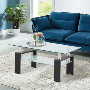 Rectangle Glass Coffee Table for Home, Modern Side Coffee Table with Lower Shelf, Metal Legs, Durable Sofa Side Tables Cocktail Living Room Furniture with Clear Glass Tabletop and Shelf
