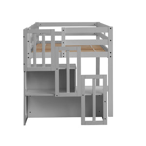 Kids Low Loft Bed with Storage, Twin Loft Bed Frame with Stairs Loft for Boys Girls, Wood Twin Size Low Profile Loft Bed Frame, Mattress Foundation Bedroom Furniture, No Box Spring Needed, Gray