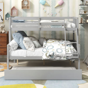 Kids Bunk Bed with Trundle, Twin Over Full Bunk Beds with Ladder, Solid Wood Trundle Bed Frame with Safety Guardrails, Detachable Twin Over Full Bunk Bed for Adults, No Box Spring Needed, Gray
