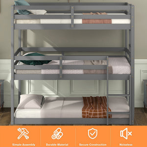 uhomepro Wooden Triple Floor Bunk Bed for Kids, Can be Converted Into Bunk Bed and Twin Loft Bed, Triple Bunk Bed No Box Spring Needed, Gray