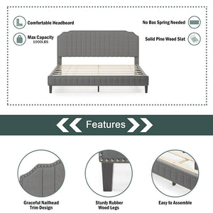 uhomepro Upholstered Platform Bed, King Size Bed Frame with Modern Curved Upholstered Wingback Headboard, Nailhead Trim, Heavy Duty King Bed with Wood Slat Support, No Box Spring Needed