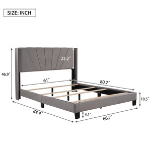 uhomepro Platform Bed Frame Queen Size with Velvet Upholstered Headboard for Bedroom with Wood Slats, Need Box Spring, Gray