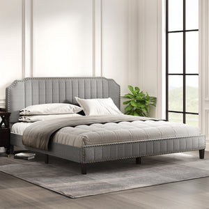 uhomepro Upholstered Platform Bed, King Size Bed Frame with Modern Curved Upholstered Wingback Headboard, Nailhead Trim, Heavy Duty King Bed with Wood Slat Support, No Box Spring Needed
