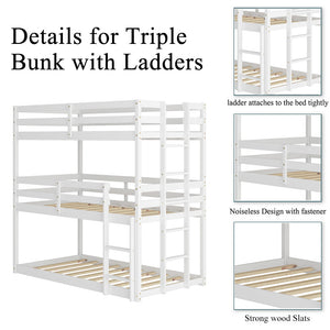 uhomepro Triple Bunk Bed, Twin Over Twin Over Twin Wood Bunk Beds Frame w/ Safety Rails, 2-Sides Built-in Ladders, Kids Teens Bunk Bed for Bedroom, Triple Bunk Beds No Box Spring Needed, White