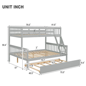 Kids Bunk Bed with Trundle, Twin Over Full Bunk Beds with Ladder, Solid Wood Trundle Bed Frame with Safety Guardrails, Detachable Twin Over Full Bunk Bed for Adults, No Box Spring Needed, Gray