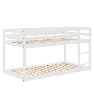 Low Bunk Bed Twin Over Twin for Kids Bedroom, Wood Twin Bunk Bed Frame with Safety Rail, Ladder, Heavy Duty Twin Bunk Beds Mattress Foundation for Boys Girls, No Box Spring Needed, White
