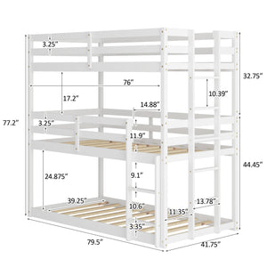 uhomepro Triple Bunk Bed, Twin Over Twin Over Twin Wood Bunk Beds Frame w/ Safety Rails, 2-Sides Built-in Ladders, Kids Teens Bunk Bed for Bedroom, Triple Bunk Beds No Box Spring Needed, White