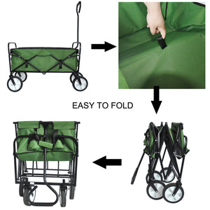 Folding Wagon, Beach Cart with Big Wheels, Heavy Duty Steel Frame Shopping Cart, 600D Oxford Cloth Collapsible Utility Wagon with 3 Side Storage Bags, 2 Mesh Cup Holders, Elastic Rope, Green