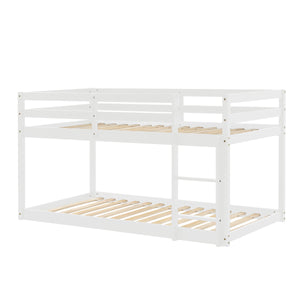 Low Bunk Bed Twin Over Twin for Kids Bedroom, Wood Twin Bunk Bed Frame with Safety Rail, Ladder, Heavy Duty Twin Bunk Beds Mattress Foundation for Boys Girls, No Box Spring Needed, White