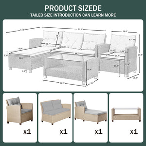 Patio Furniture Sets, 4-Piece Outdoor Sectional Sofa Set with Loveseat and Lounge Sofa, Armchair, Coffee Table, All-Weather Wicker Furniture Conversation Set for Backyard Garden