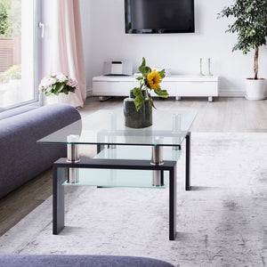 Rectangle Glass Coffee Table for Home, Modern Side Coffee Table with Lower Shelf, Metal Legs, Durable Sofa Side Tables Cocktail Living Room Furniture with Clear Glass Tabletop and Shelf