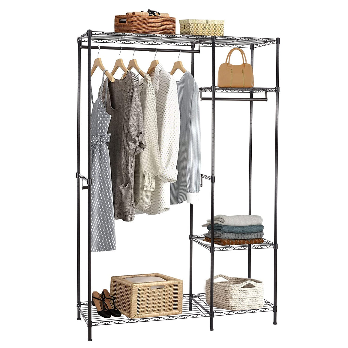 uhomepro Heavy Duty Garment Rack, Metal Adjustable Clothing Rack with Hanging Rod and Wire Shelving, Clothing Storage Organizer for Bedroom Laundry Room, 44.96" L x 14.6" W x 70.86" H, Black