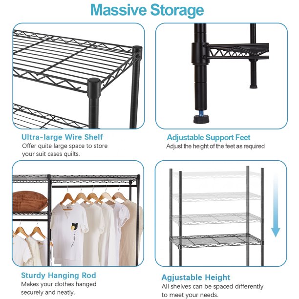 Sturdy 3 Rod Garment Rack w/ Shelves Metal Closet Storage for