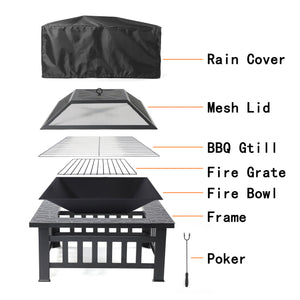 Wood Burning Fire Pits for Outside, 32" Square Iron Fire Pit for Backyard Patio Garden, Q33