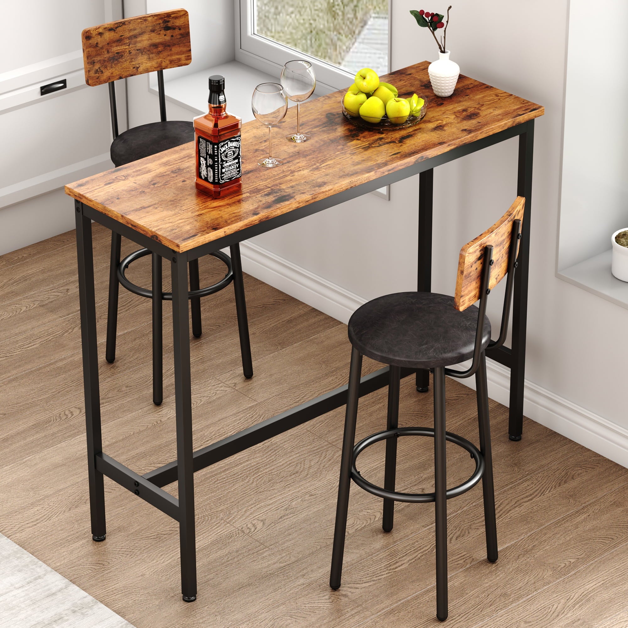 4 Piece Bar Table Set, Kitchen Counter Height Table with 3 Stools, Space  Saving Pub Table Set for 3 Person with Metal Frame, Wood Dining Table &  Chair Set for Breakfast Nook