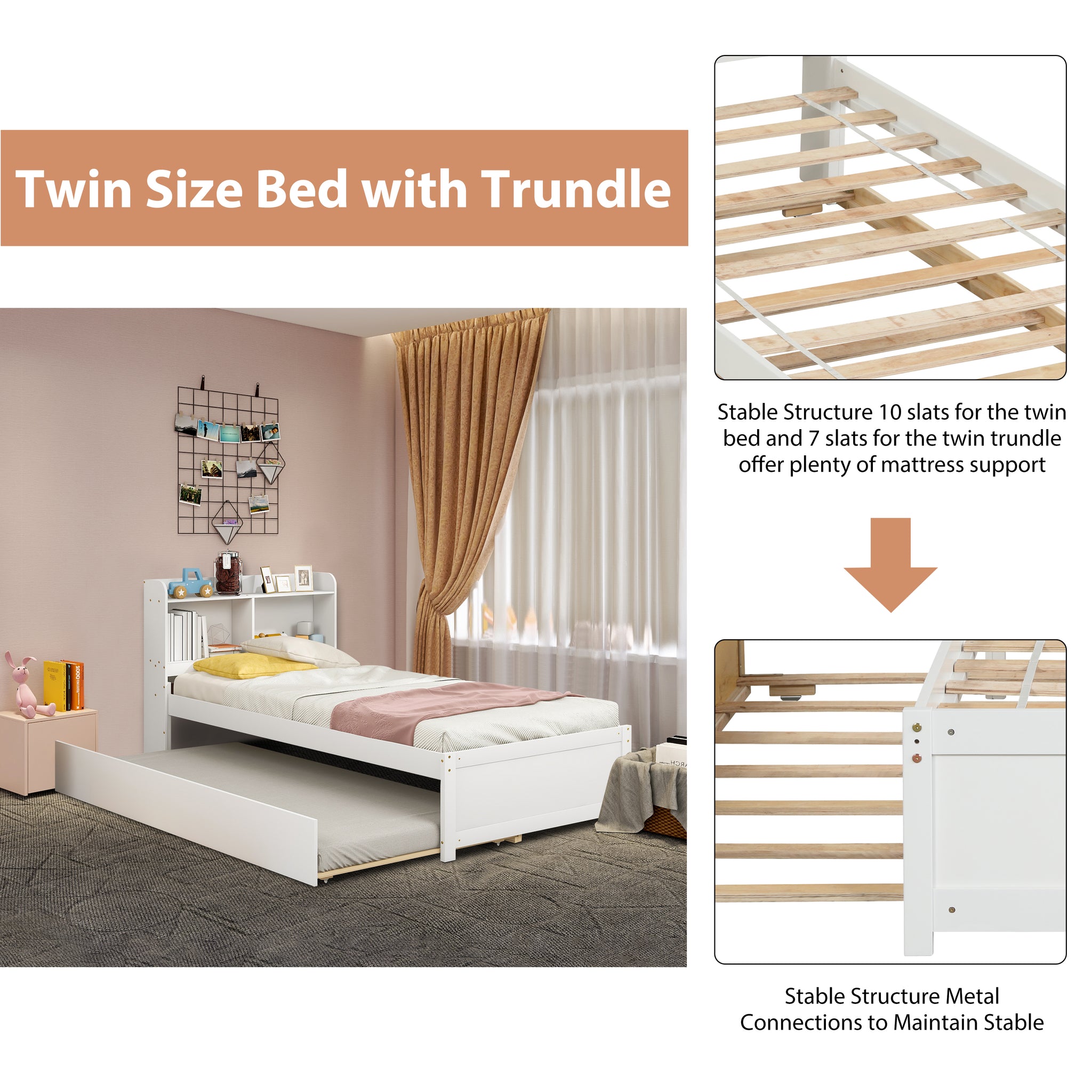 Queen Bed Frame, Metal Platform Bed with Pull-out Trundle and