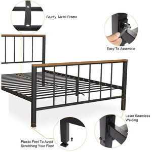 uhomepro Queen Platform Bed Frame with Headboard, Rustic Brown and Black Metal Platform Bed Frame with Heavy Duty Metal Slats, No Box Spring Needed